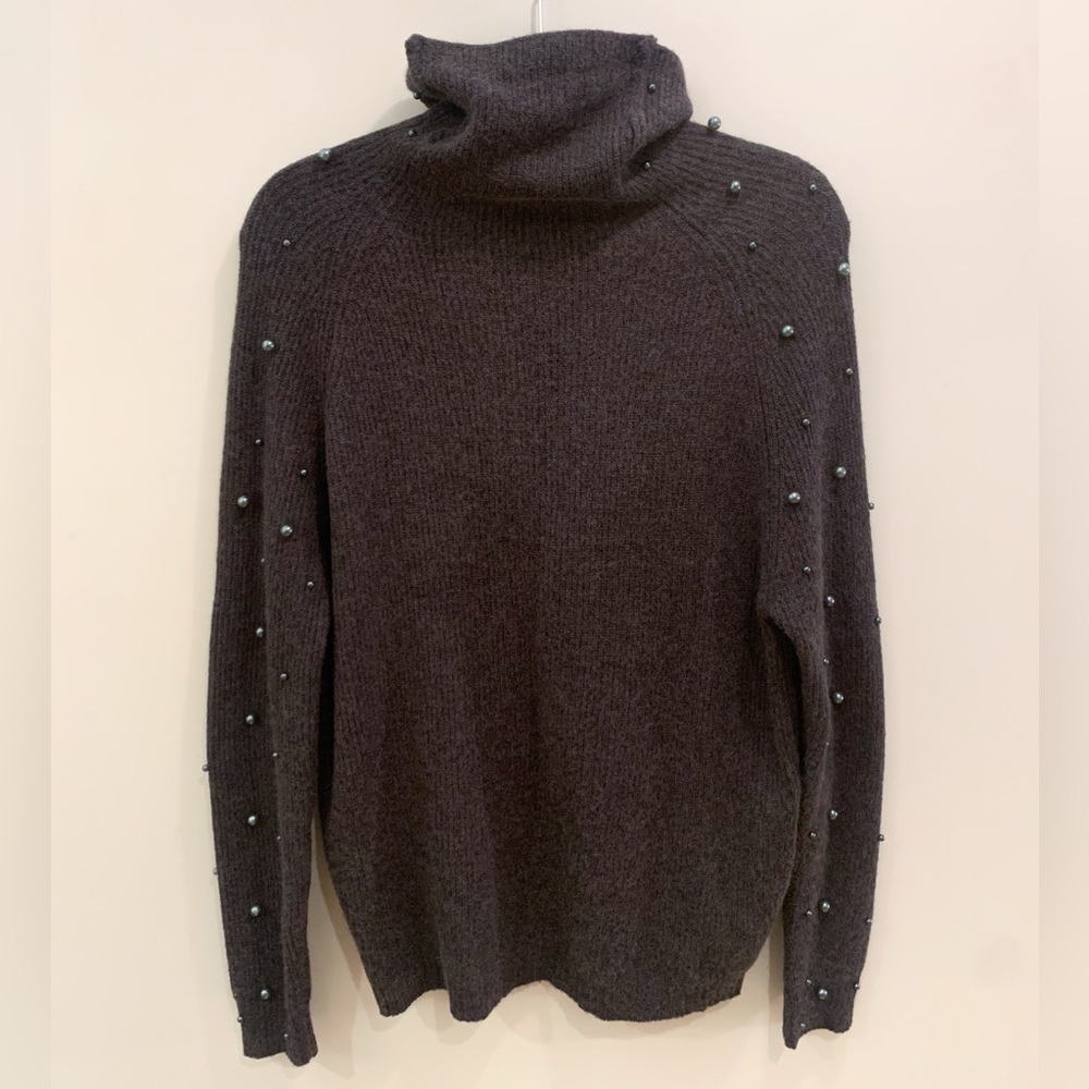 Grey Turtleneck Sweater with Pearl Accents